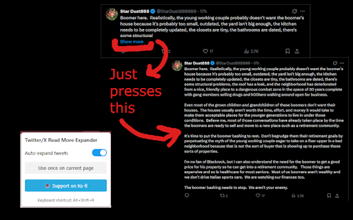 Twitter/X Read More Expander :: Automatically expands truncated tweets by clicking the 'Show more' button