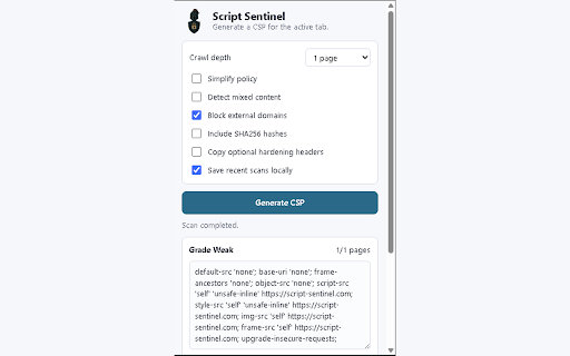 Script Sentinel - CSP Generator :: Generate Content Security Policy recommendations for the current tab with Script Sentinel.