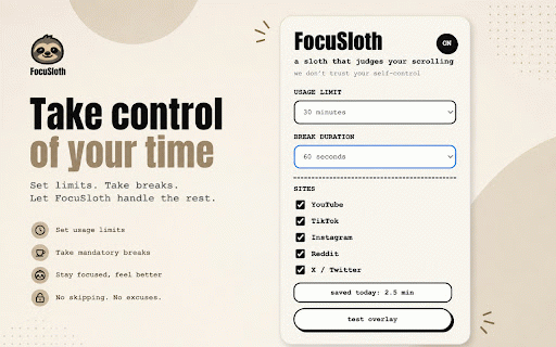 FocuSloth :: A sloth that stops your scrolling.