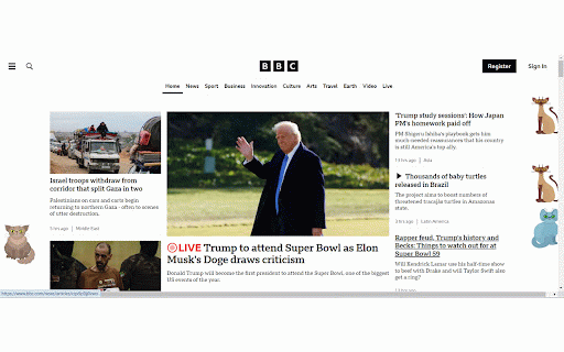 Cute Cats Invasion :: Injects cute cat PNG images onto webpages in a non-intrusive way.