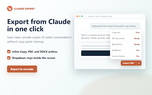 Claude Export to PDF, DOCX & Markdown :: Save Claude conversations as polished files or copy them to your clipboard. Exports are created locally in your browser.