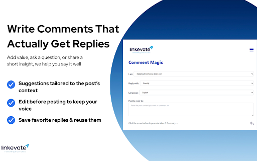 Linkevate - Tool for Consistent LinkedIn Engagement and Lead Generation :: A Chrome extension that generates authentic LinkedIn comments, posts, and DMs in your voice to save time and boost engagement.