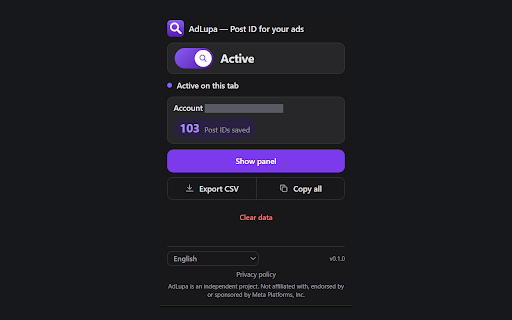 AdLupa — Post ID for your ads :: Shows the Post ID of each of your ads inline in Meta Ads Manager, ready to copy. Free, no account, no servers.