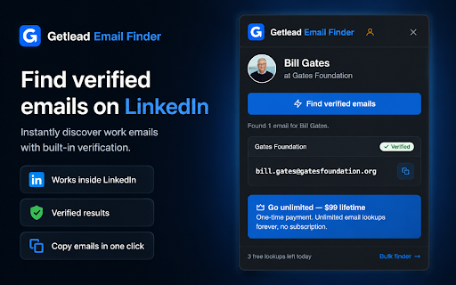 Getlead Email Finder :: Find a work email on any LinkedIn profile in one click. Reads shared contact info and verifies likely addresses by SMTP.