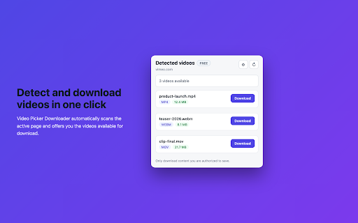 Video Picker Downloader :: Detects videos available on the active page and lets you download the ones you are allowed to save.
