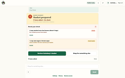 NomNomBot AI Shopper :: Create or pick a saved shopping list; search or randomise meals, use AI edits, then prepare items one by one. Checkout stays manual.