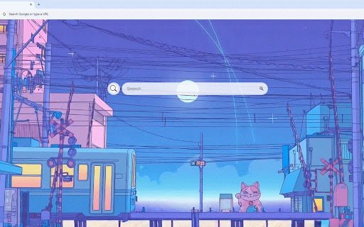 Lofi Tokyo City Japanese Live Wallpaper :: Lofi Tokyo evening with a cute cat by the train tracks under a soft purple moonlit sky.