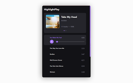 Highlight&Play :: Instantly preview music by highlighting album names. Select text, click, and listen to Deezer previews.