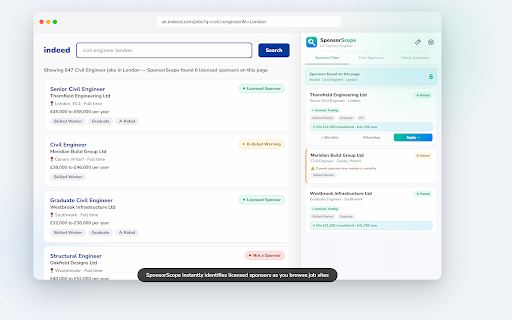 SponsorScope :: Instantly check if a UK company is a licensed visa sponsor as you browse job sites. Powered by the official Home Office register.