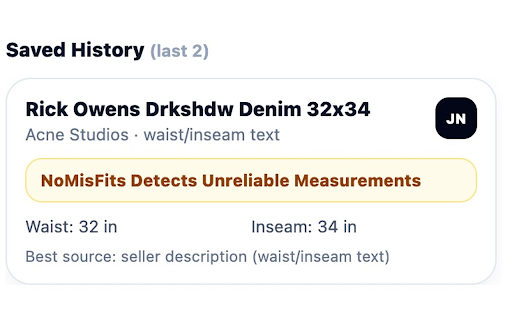 Nomisfits — Fit Projections While You Shop :: See how pants will fit your body before you buy. Reads visible listing measurements on Grailed, Depop, Vinted, eBay and more.