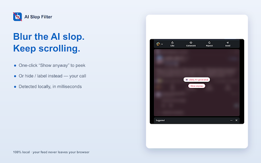 AI Slop Filter for LinkedIn — Hide AI Posts :: Detect and hide AI-generated 'slop' posts in your LinkedIn feed. 100% local — your feed never leaves your browser.