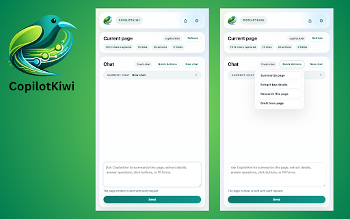 CopilotKiwi - AI Browser Agent :: An AI browser agent that can understand pages, perform browser actions, & complete multi-step workflows directly inside Chrome.