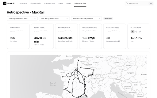 MaxRail - Rétrospective SNCF Connect :: Importez vos voyages SNCF Connect vers MaxRail pour créer votre rétrospective annuelle et suivre vos statistiques de train.