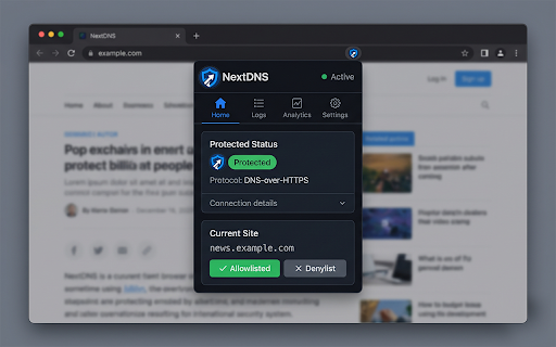 NextDNS — Quick Tools :: Manage your NextDNS DNS-filtering profile from the toolbar — allowlist, denylist, flush cache, logs, analytics & connection status.
