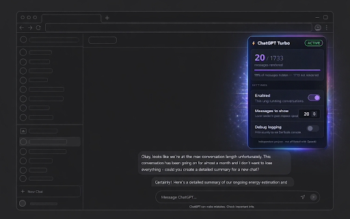 AI Chat Turbo :: Speed up long ChatGPT and Claude.ai conversations. Trims rendered messages to keep the UI fast. No data collected.