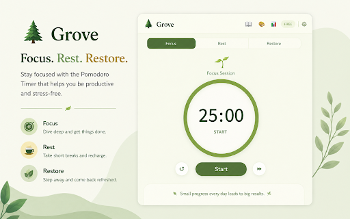 Grove – Pomodoro Timer & Website Blocker :: A calm, nature-themed Pomodoro timer with tasks, sound alerts, and website blocker to help you grow through focused work.