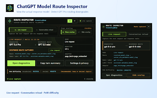 ChatGPT Model Route Inspector - Resolved Models & GPT Pro Downgrades :: See which model actually answered in ChatGPT, detect whether GPT Pro was downgraded, and view the PoW difficulty.