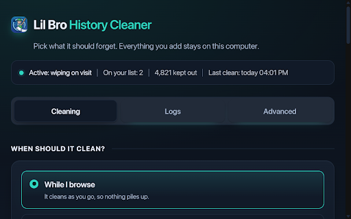 Lil Bro Wipe – History Cleaner :: Wipes the sites and words you pick out of your history: as you browse, or the next time you open the browser.
