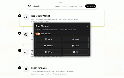 Reaction - Web Component Inspector :: Extract and analyze components from any website. Inspect elements, export to multiple frameworks, and analyze styles with ease.