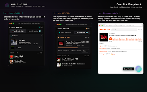 SoundCloud & YouTube to Audio Scout - Track Identifier :: Identify tracks in SoundCloud and YouTube DJ mixes. Scan what's playing in real time, or send a mix to Audio Scout in one click.