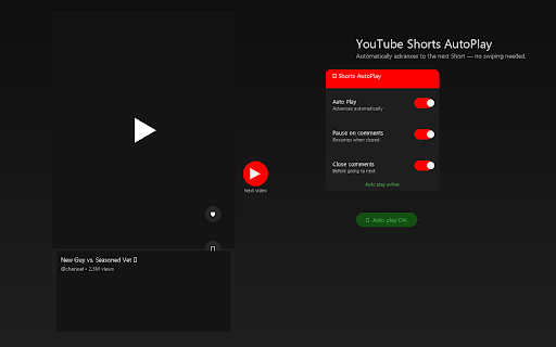 YouTube Shorts AutoPlay :: Auto play for Shorts, with comment pause and configurable controls.
