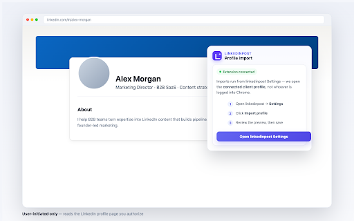 linkedinpost — Profile Import :: Import your LinkedIn profile into linkedinpost.ai (user-initiated, click only).