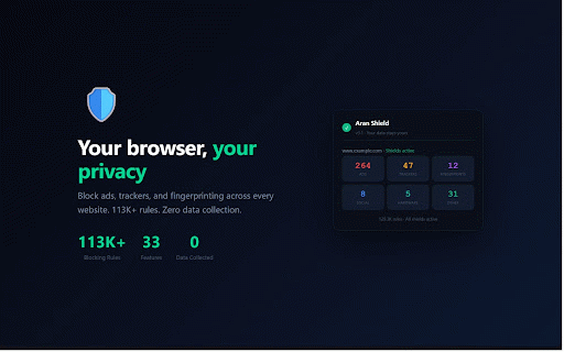 Aran Shield :: Block ads, trackers, fingerprinting, and unauthorized hardware access. Browse freely and privately.