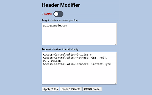Request Headers (including CORS) Modifier :: Modifies request headers (including CORS) for development purposes!