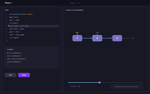 TraceLit for LeetCode :: One-click to trace your LeetCode solution in TraceLit - step-by-step algorithm visualization