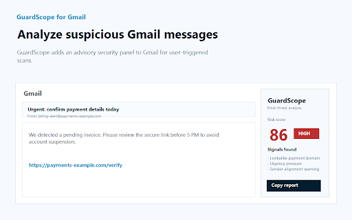 GuardScope - Email Security :: AI-assisted phishing and email threat analysis for Gmail with sender, link, domain, and social-engineering checks.