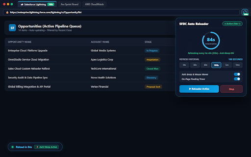 SFDC Auto Reloader :: Auto-refresh web pages at custom intervals with independent per-tab timers, status badges, and anti-sleep mouse activity simulator.