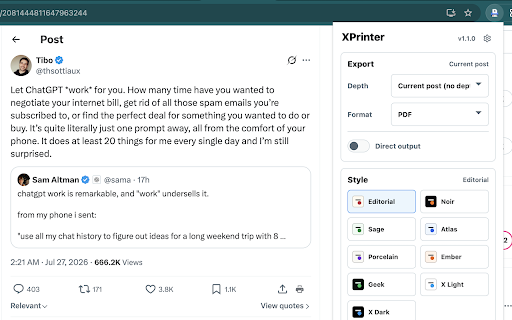 XPrinter - Save X/Twitter Posts as PDF :: Export X/Twitter posts and visible threads as clean printable PDF documents.