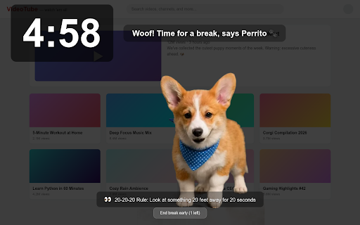 Remember the Perrito - Your puppy-powered break reminder :: Screen-time companion dog. Usage data is 100% local; an anonymous device ID and payment email are sent only for breed unlocks.