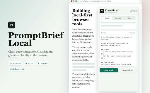 PromptBrief :: Turn the current page or selection into AI-ready Markdown context. Low-permission, no account, no server.
