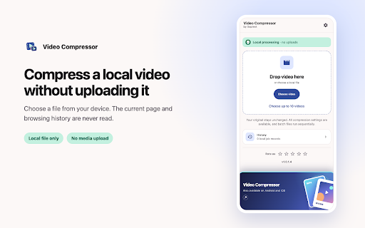 Video Compressor – Compress Video :: Compress video and MP4 files, reduce video size, choose a target file size, and keep everything local in Chrome.