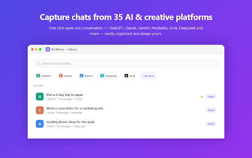 Be Mimos: AI Chat Export, Search & Backup :: Auto-save, export, search and curate your conversations across 41 AI and creative platforms.