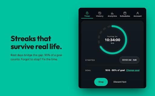 Better Fasting: simple OMAD & intermittent fasting companion :: Track intermittent fasting from your toolbar: live timer, streaks, weekly schedules, and progress, synced to your account.