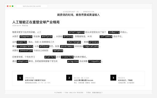 Flipword — Vibe English Reading :: Flipword 在你浏览网页时,把中文页面沉浸式替换成英语、给英文页面标记高价值词。配合词根拆解、语境记忆和间隔重复,让你在日常阅读里自然记住 21,000+ 核心词汇——不背单词,也能脱离翻译地读和说。