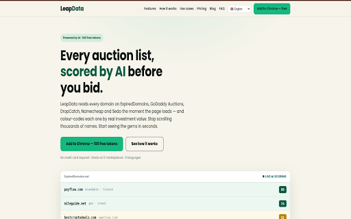 LeapData: AI Domain Analyzer :: AI-assisted domain analysis for auction pages and domain lists, with bulk paste, file import and on-demand page extraction.