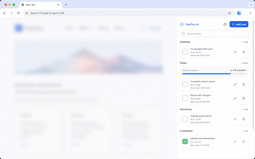 TaskFlow AI - Smart Task Manager :: Task manager and to-do list for Chrome with reminders, due dates, task search, quick capture, and a focused Side Panel.