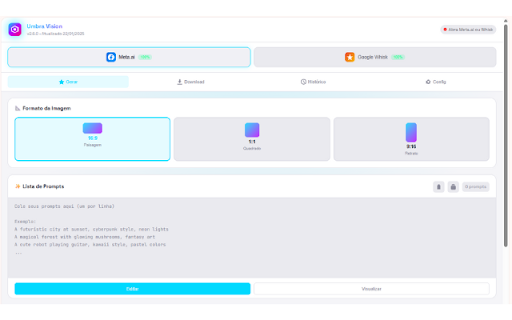 Umbra Vision - Meta.ai & Google Whisk Automation :: Automatize a geração e download em massa de imagens com Meta.ai e Google Whisk. Dispare centenas de prompts no piloto automático!