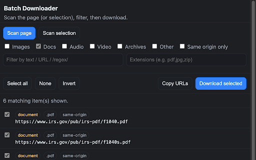 Batch Downloader :: Scan a page (or selection) for links/media and bulk download them. Filters by type/extension. MV3.