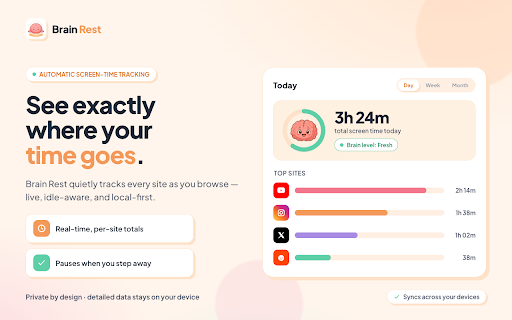 Brain Rest – Screen Time Tracker :: Track your screen time on every website and build healthier habits with focus mode, Pomodoro, daily limits, and site blocking.