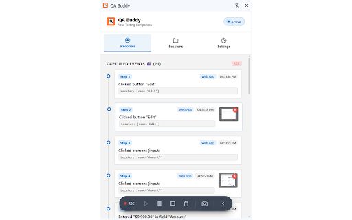 QA Buddy :: Local QA recorder and script generator. Capture screenshots, generate Playwright/Selenium scripts, Excel files, and test reports.