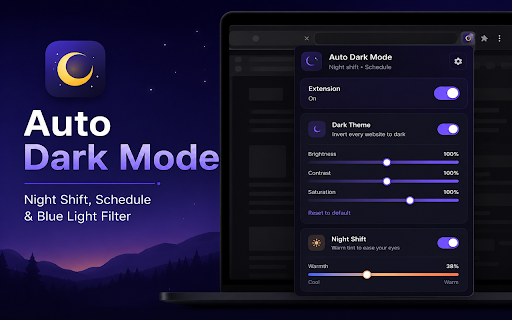 Auto Dark Mode — Night Shift, Schedule & Blue Light Filter :: Auto dark theme for every site on a schedule. Night shift, blue light filter, brightness, contrast, saturation, shortcuts.