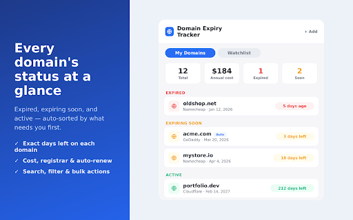 Domain Expiry Tracker and Renewal Manager :: Track domain expiry dates, get renewal reminders, and manage all your domains in one place.