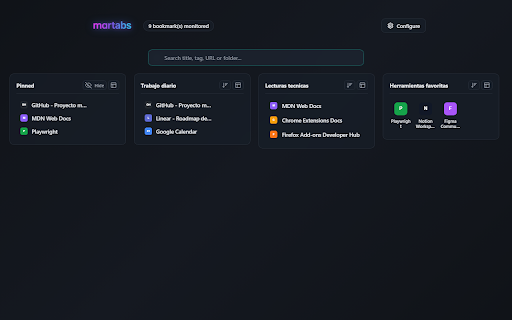 martabs :: Un tablero hermoso, rápido y privado para organizar y monitorear tus carpetas de marcadores en la nueva pestaña.
