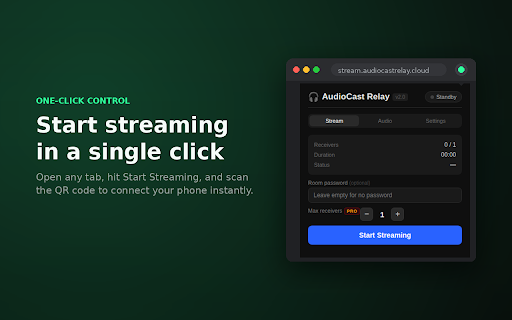 AudioCast Relay :: Stream audio from any tab to your phone in real time via WebRTC.