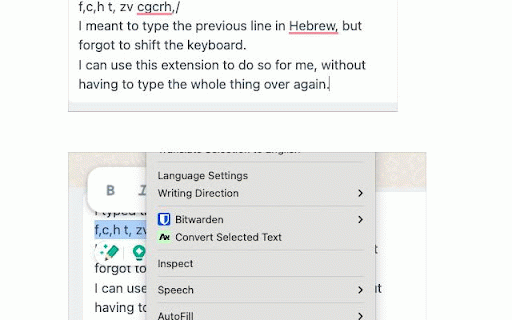 Hebrew-English Keyboard Converter :: Converts selected text in text input boxes between Hebrew and English keyboard layouts.
