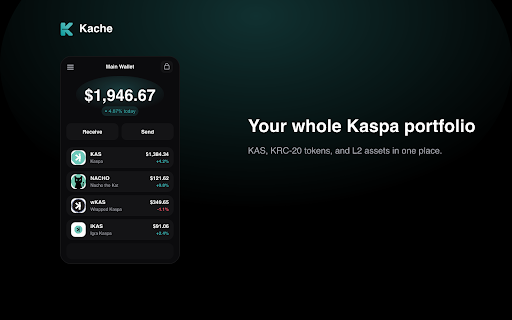 Kache :: Self-custody wallet for Kaspa and its L2s (Kasplex, Igra). Hold KAS & KRC-20, bridge, swap, and use .kas names.